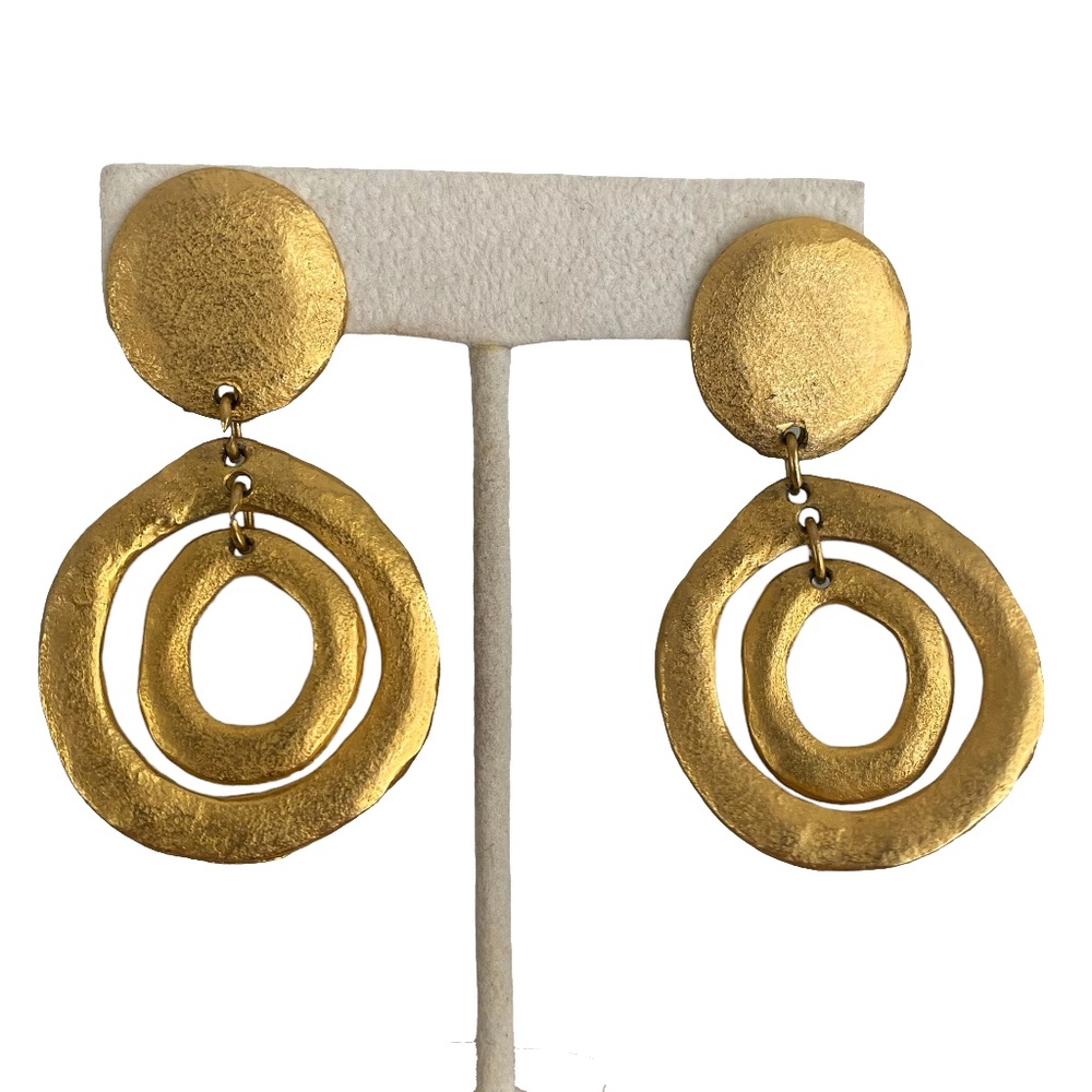 Rich Gold freeform clip on dangling Drop oversized earrings